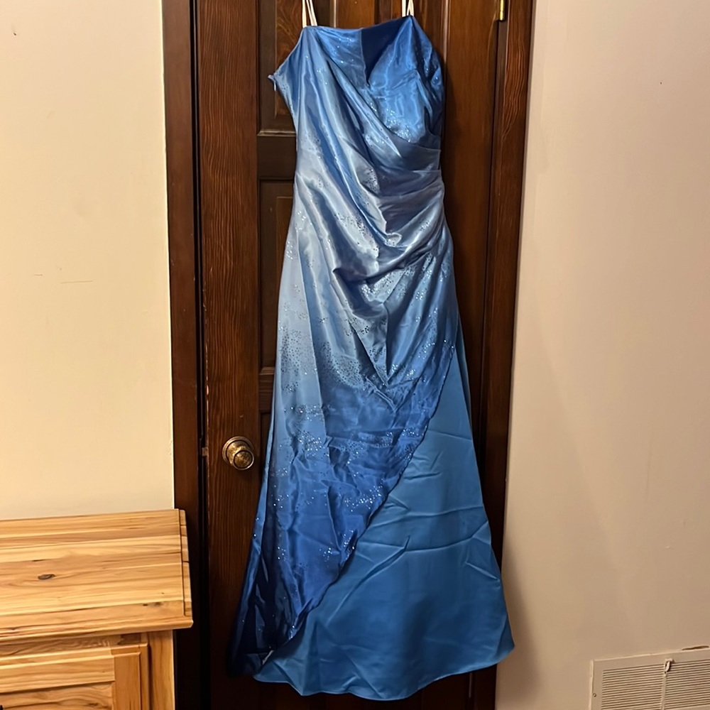 Blue satin strapless prom dress, only worn once! No alterations